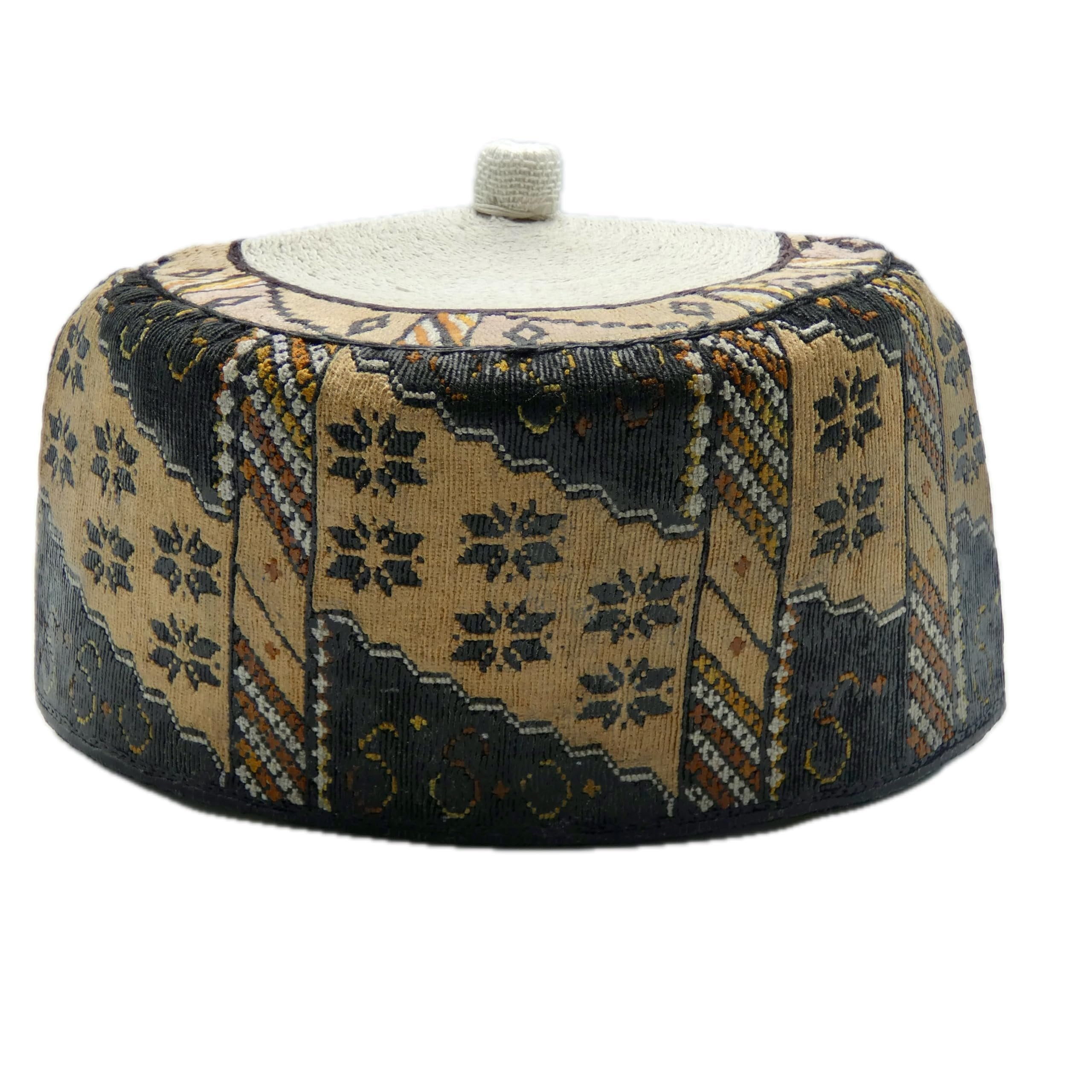 Hausa Hula Cap – Beige & Black Floral 023