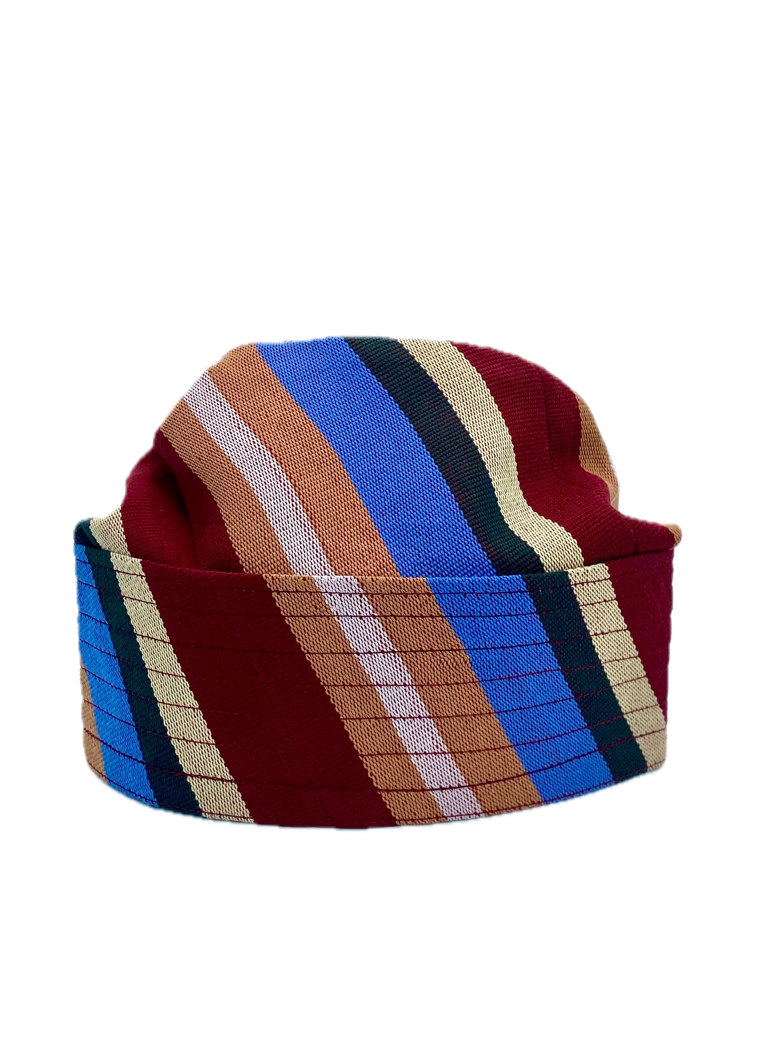 Beige, Red & Blue Yoruba Fila – Multi-Stitch Base